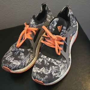 Adidas Black and White Floral Sneakers with Orange Accents